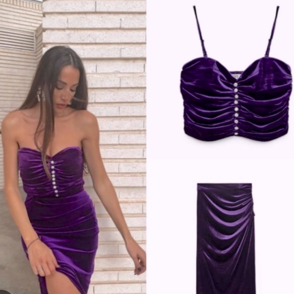 💜 NWOT ZARA Purple Velvet Rhinestone Crop Top XS - Picture 1 of 5